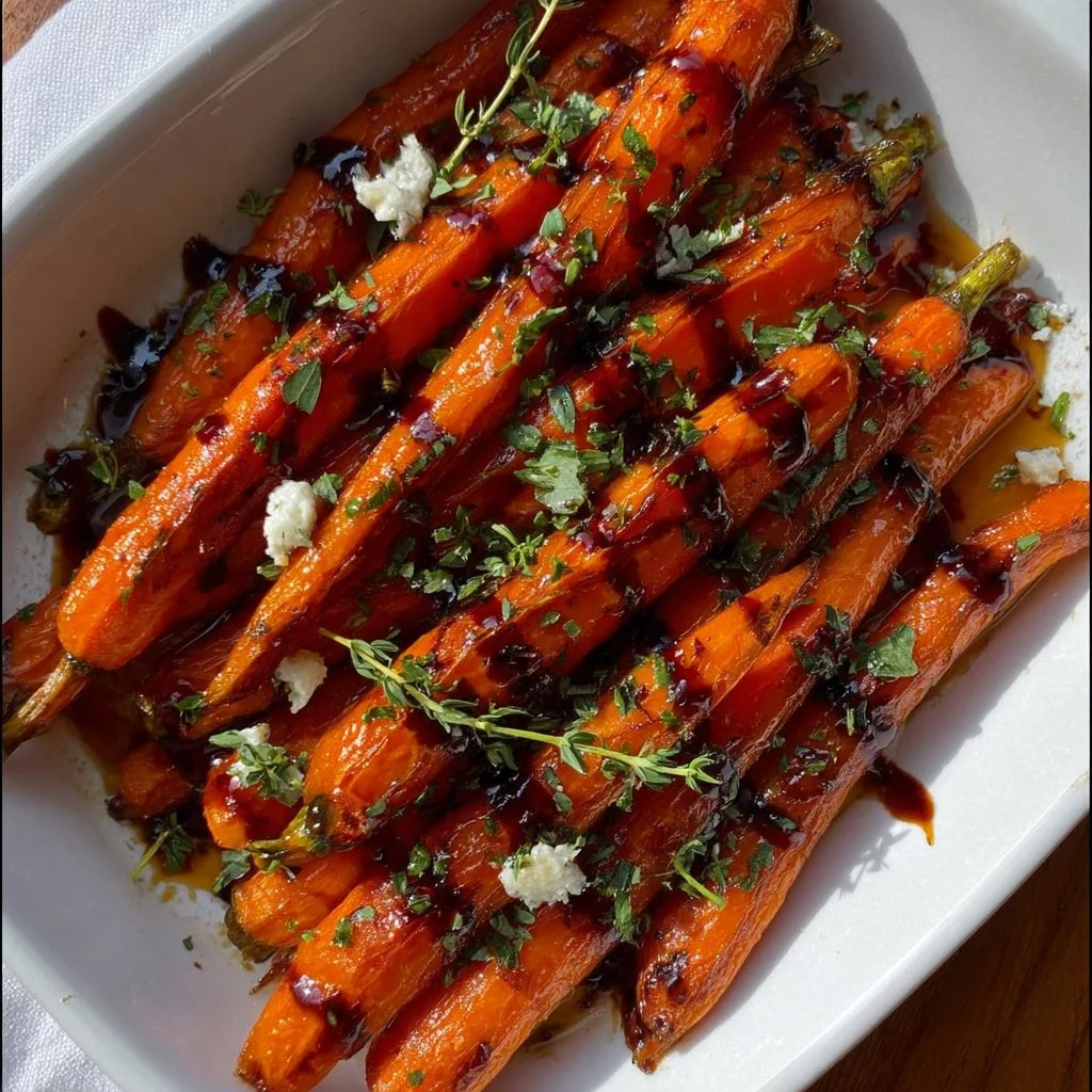 Honey-roasted carrots drizzled with balsamic glaze on a serving plate