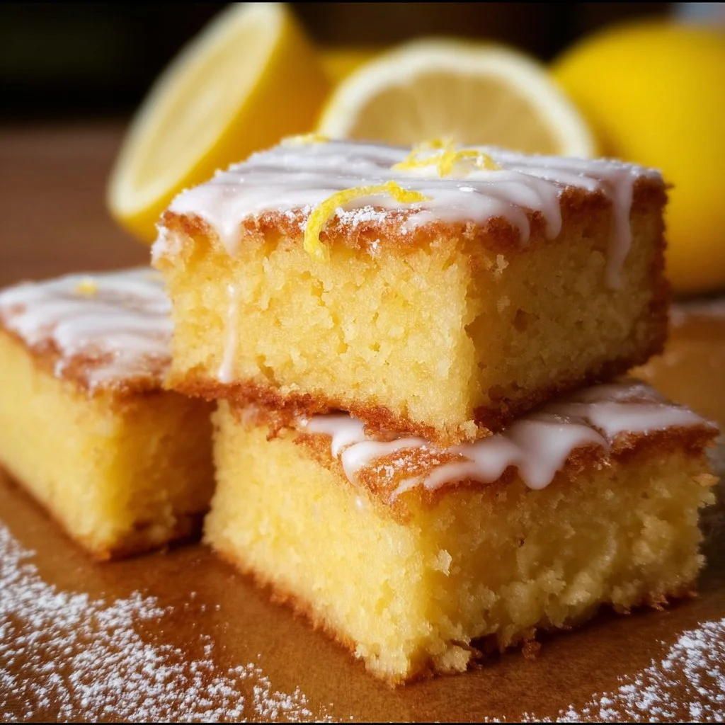 Delicious lemon brownies or lemonies topped with powdered sugar on a plate