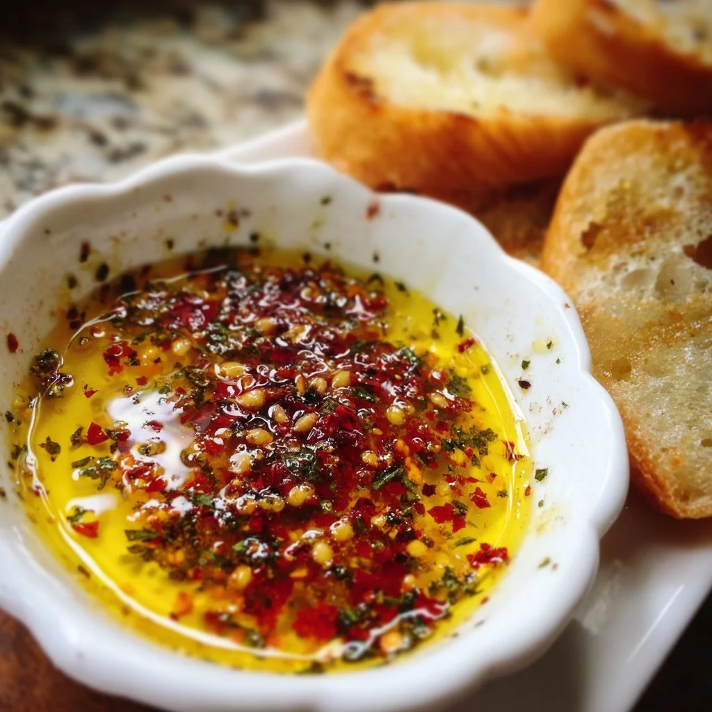 Delicious loaded bread dipping oil with herbs and spices