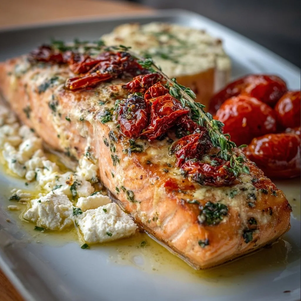 Mediterranean baked salmon garnished with feta and sun-dried tomatoes