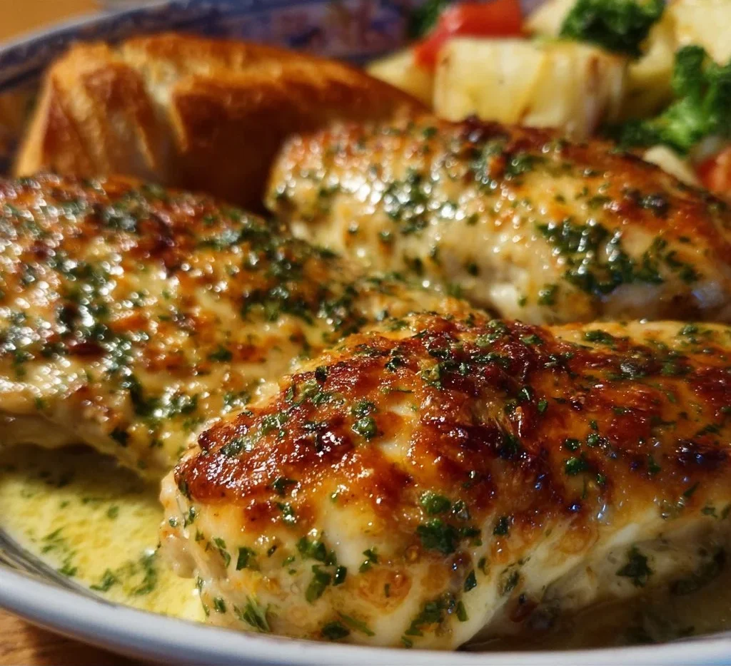 Delicious melt in your mouth chicken served with fresh herbs and vegetables.