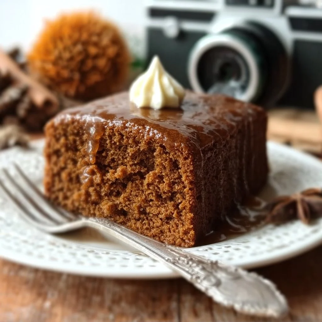 Delicious slice of old-fashioned spicy gingerbread on a wooden table.