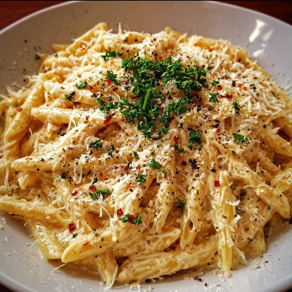 One Pot Creamy Garlic Pasta served in a bowl with fresh herbs