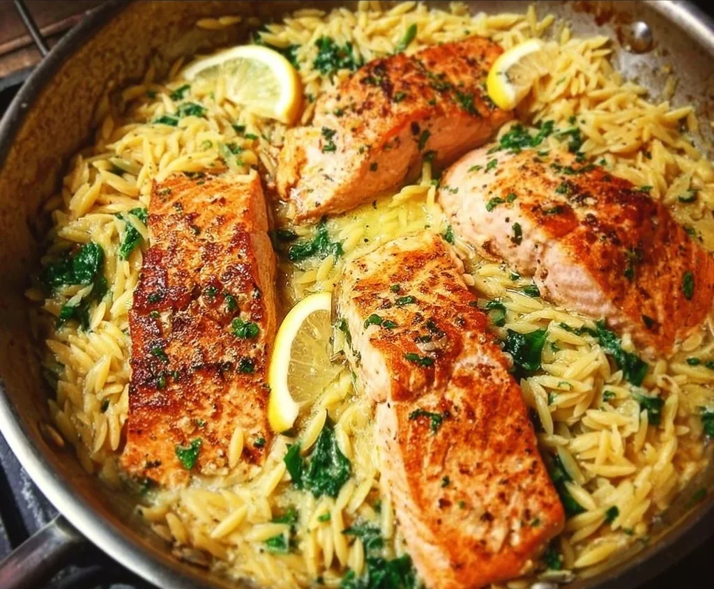 One skillet salmon dish served with lemon orzo, a quick and easy meal idea.