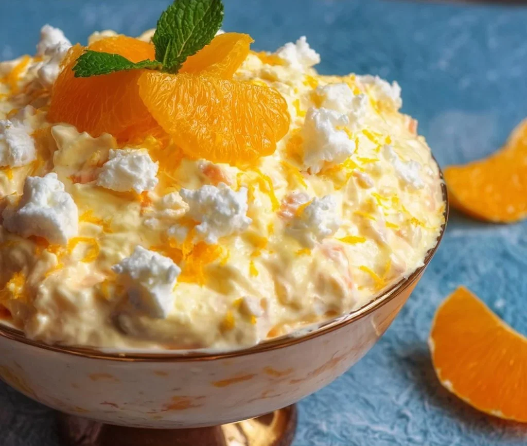 A delicious bowl of Orange Fluff Salad with vibrant orange pieces and creamy texture