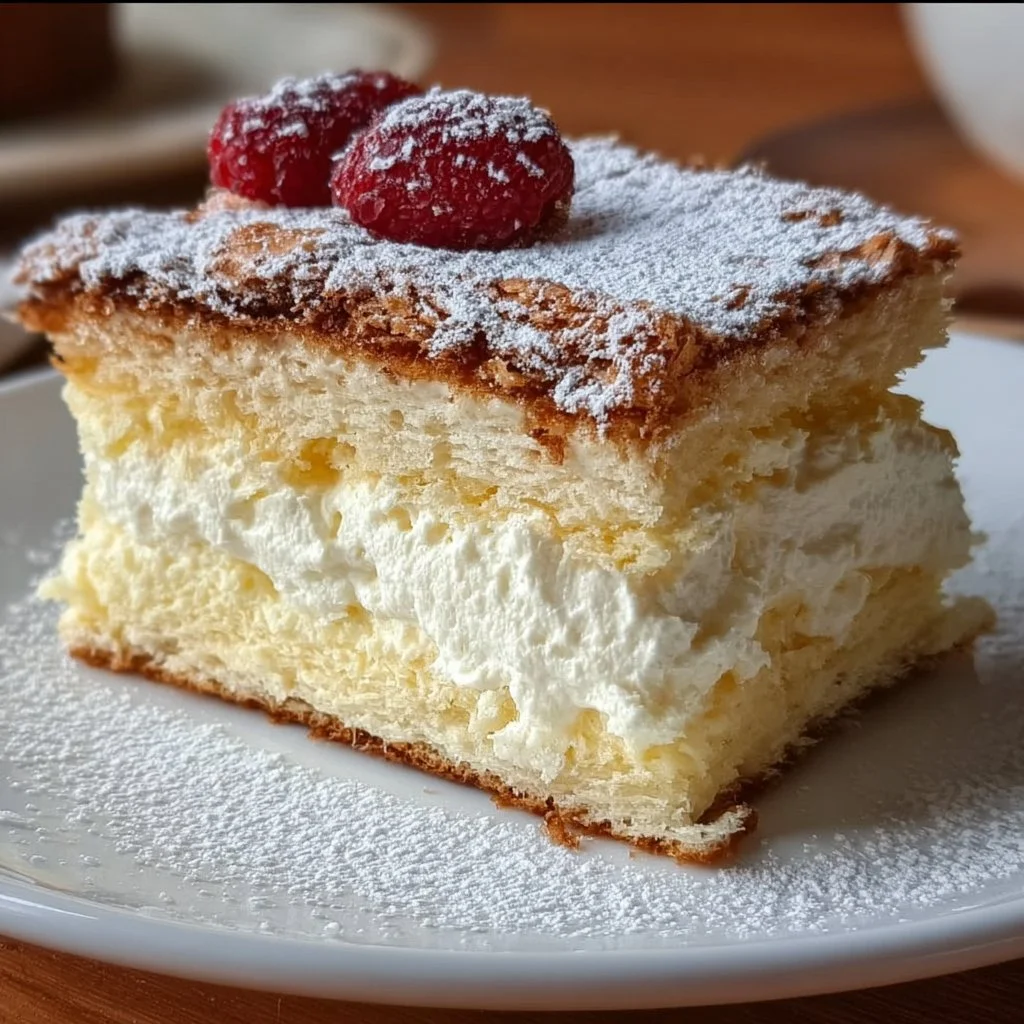Delicious Papal Cream Cake topped with creamy frosting and fresh fruit