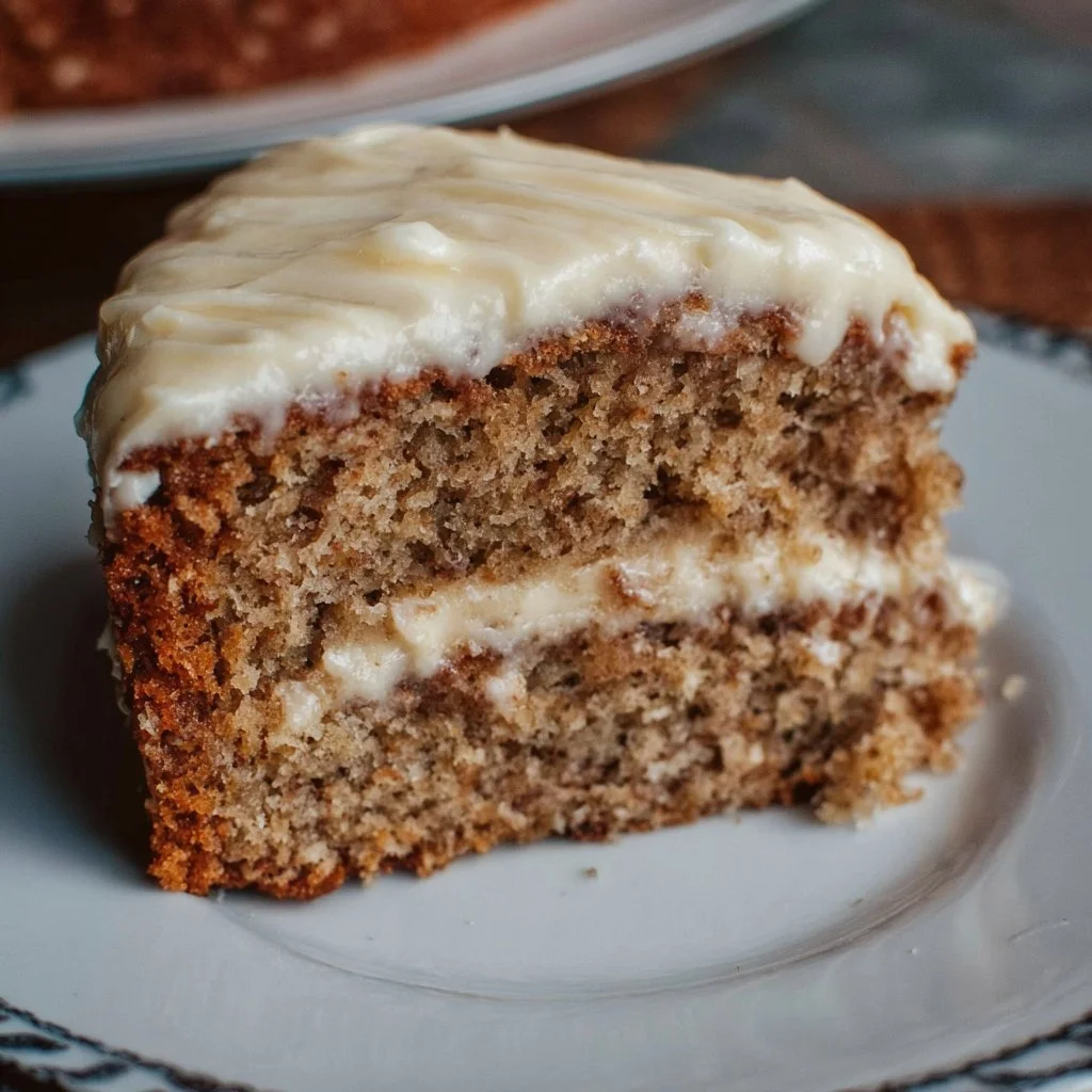 Slice of Pioneer Woman banana cake with cream cheese frosting on a plate