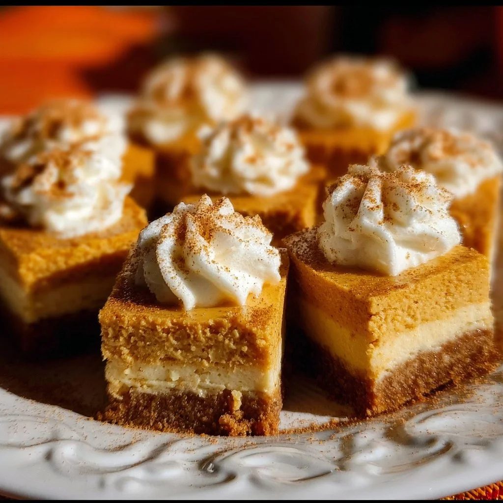No-bake pumpkin cheesecake bites on a white plate topped with whipped cream.
