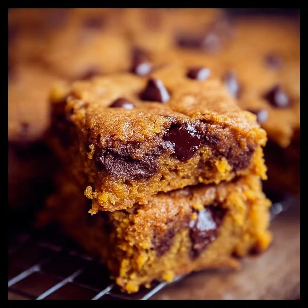 Delicious Pumpkin Chocolate Chip Bars served on a plate with chocolate chips