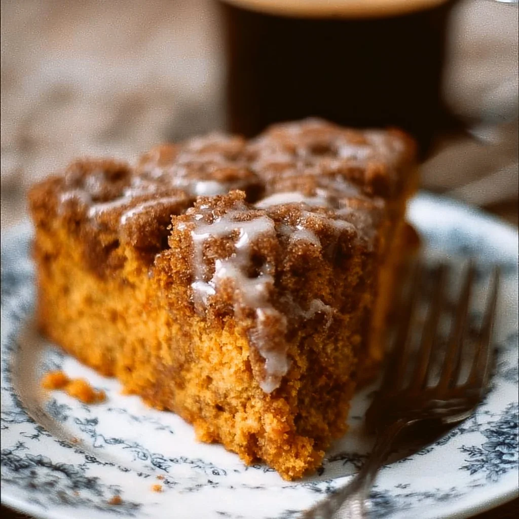 Delicious Pumpkin Coffee Cake topped with spices and served on a plate.