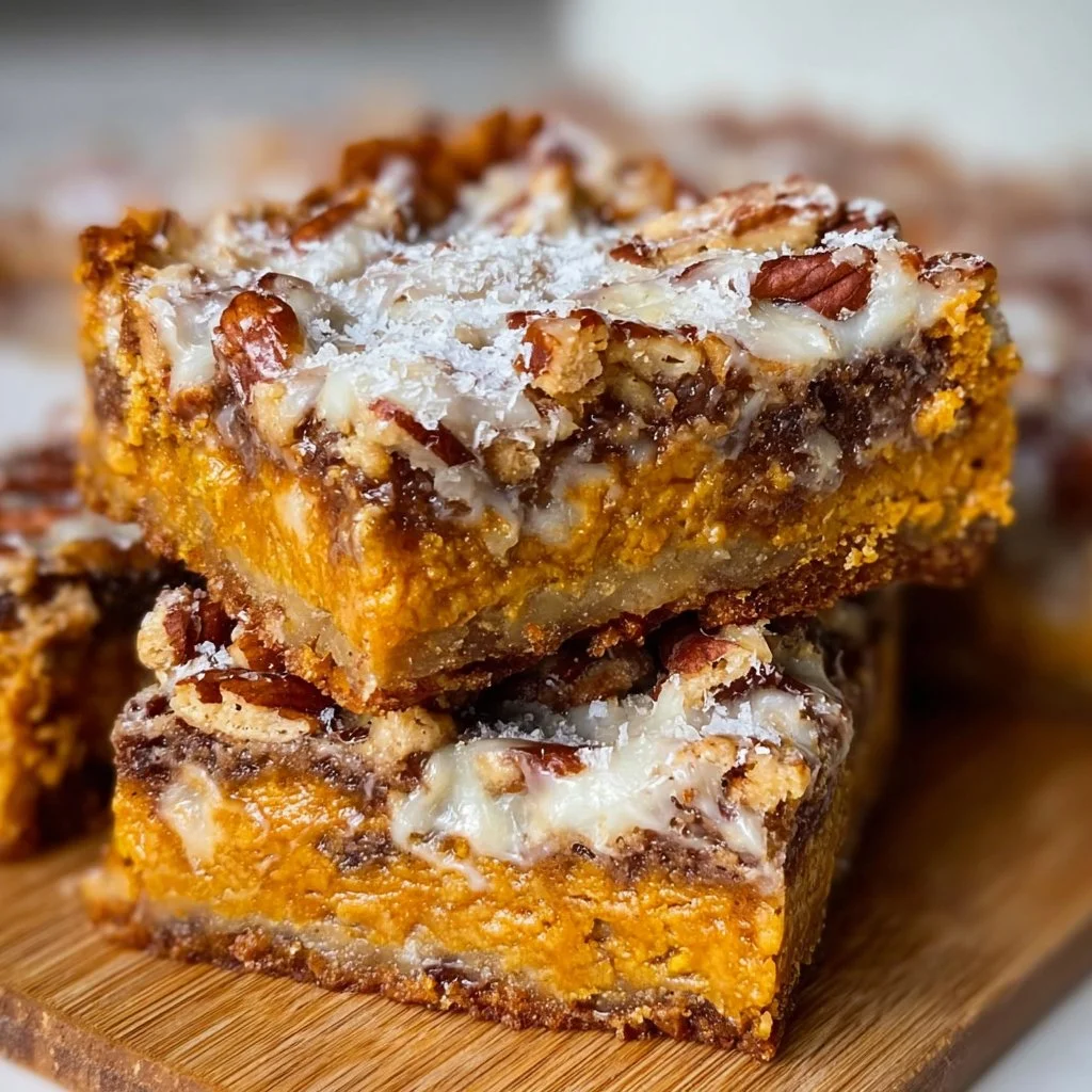Deliciously layered Pumpkin Magic Bars with a creamy top and pumpkin spice flavor.