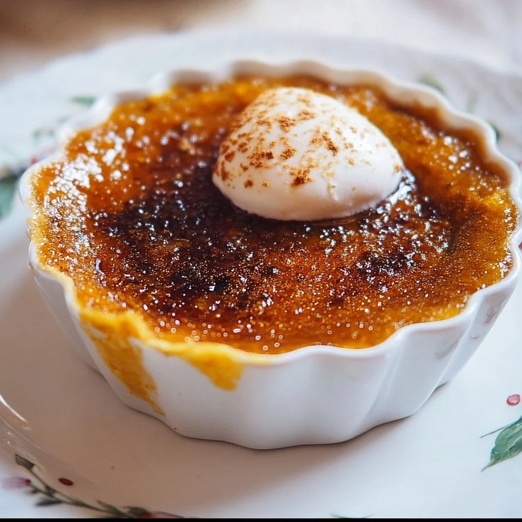 Delicious Pumpkin Pie Brulee with Bourbon Vanilla served in a ramekin.