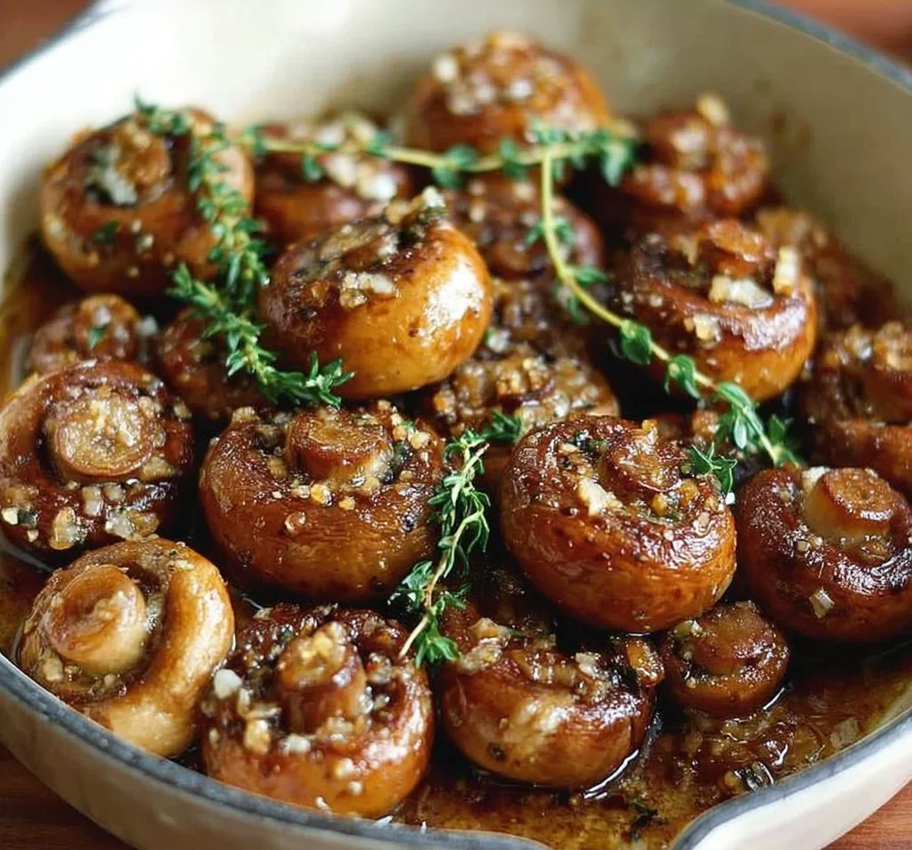 Roasted mushrooms with browned butter, garlic, and thyme on a white plate
