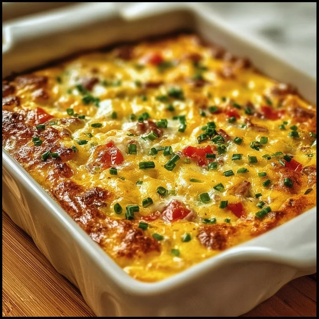 Delicious simple egg bake casserole topped with cheese and vegetables.