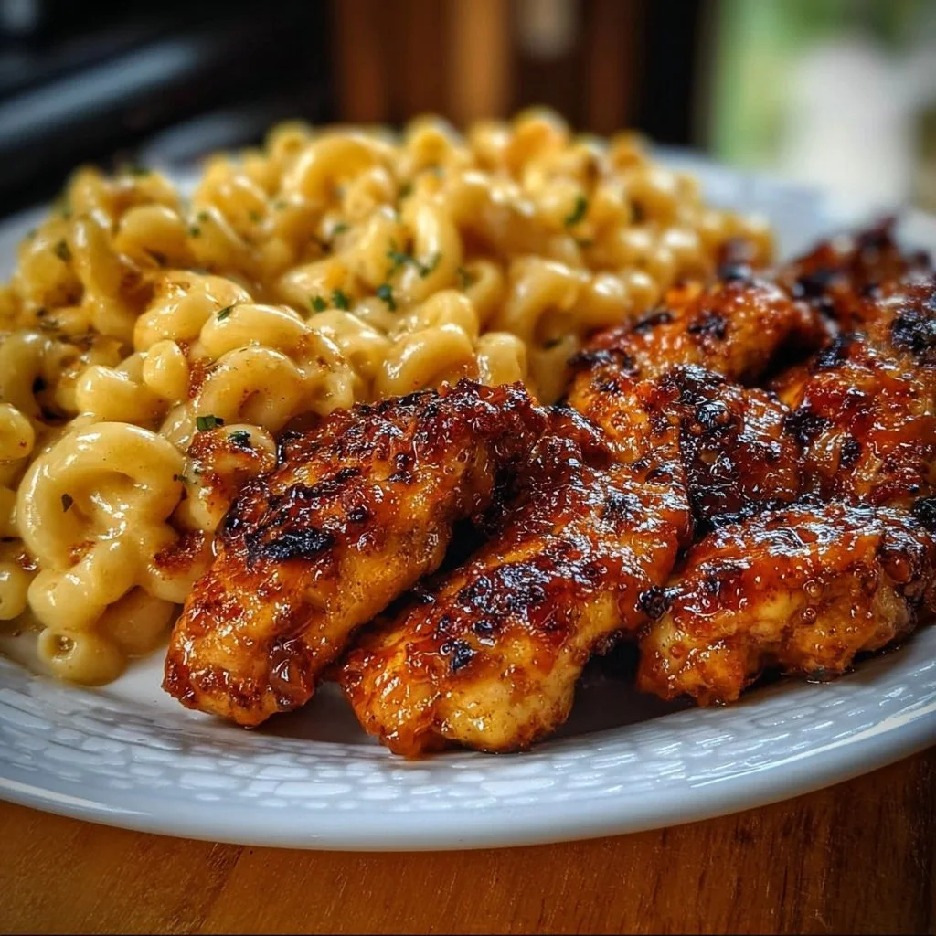 Dish of Spicy Honey Pepper Chicken served with creamy mac and cheese