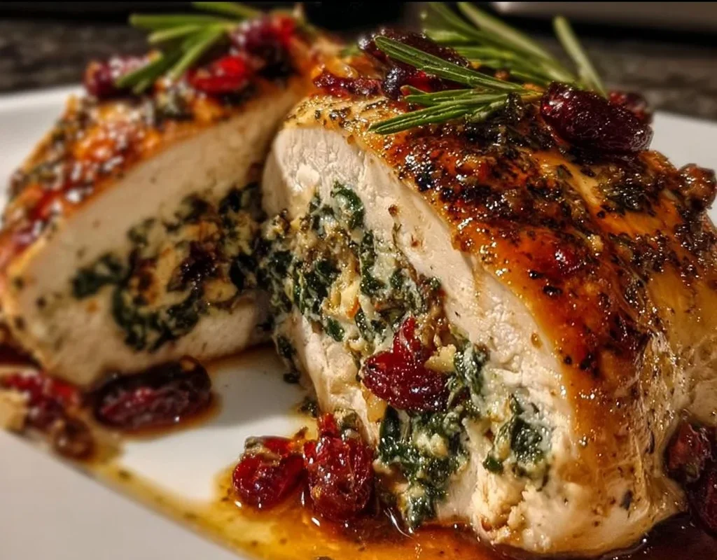Spinach and cranberry stuffed chicken breasts on a plate