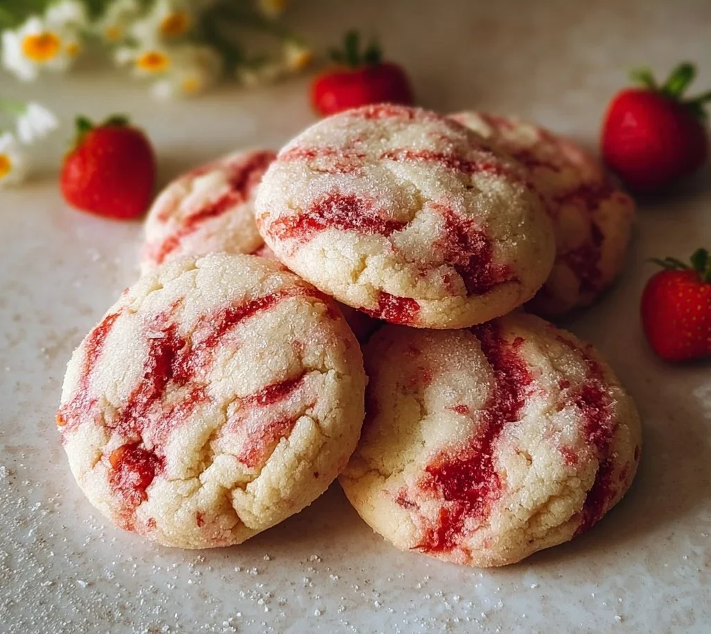 Freshly baked strawberry cheesecake cookies on a plate