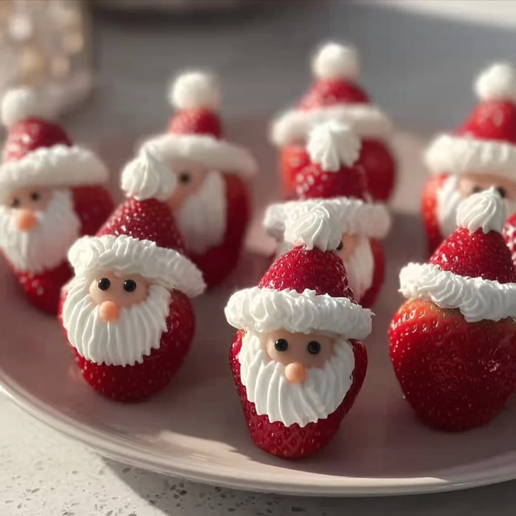 Festive Strawberry Santas decorated with cream and chocolate