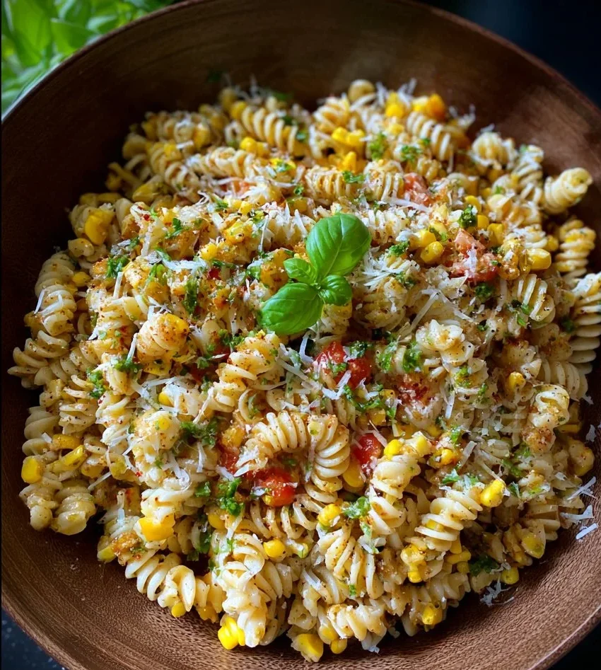 Delicious Street Corn Pasta Salad with fresh ingredients and colorful toppings.