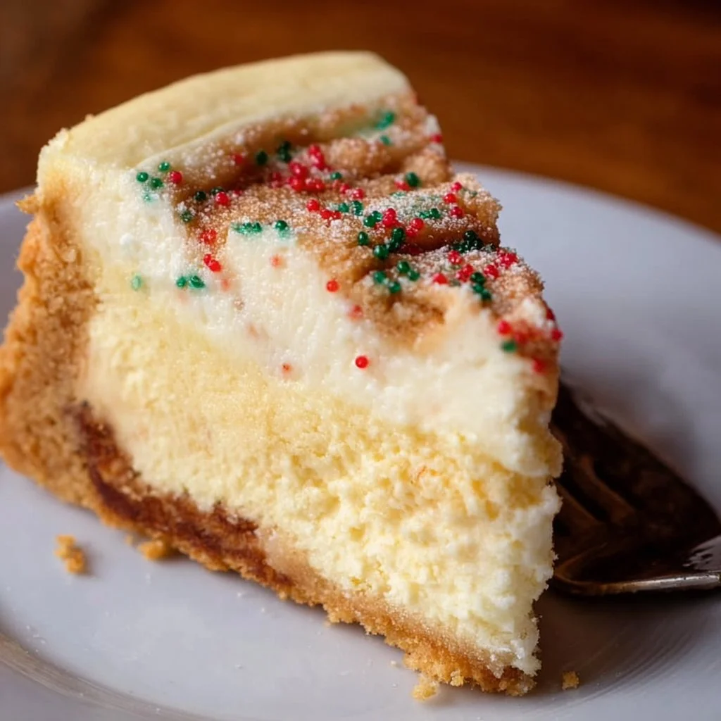 Delicious slice of sugar cookie cheesecake topped with colorful sprinkles
