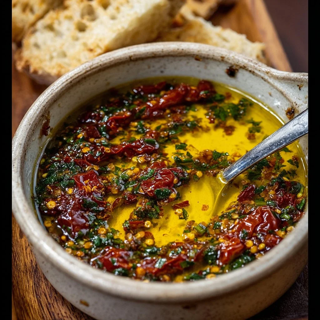 Sun-dried tomato olive oil bread dip served with crusty bread