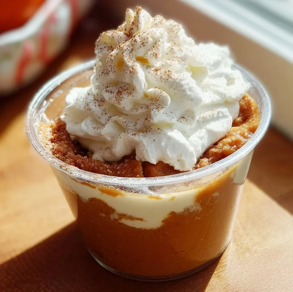 Delicious super easy pumpkin pie served in a cup, perfect for fall celebrations.