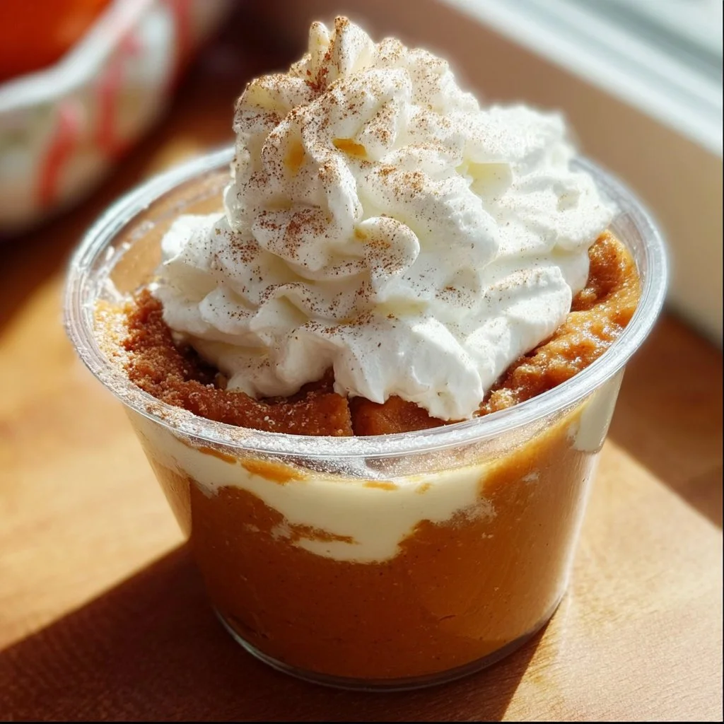 Delicious super easy pumpkin pie served in a cup, perfect for fall celebrations.
