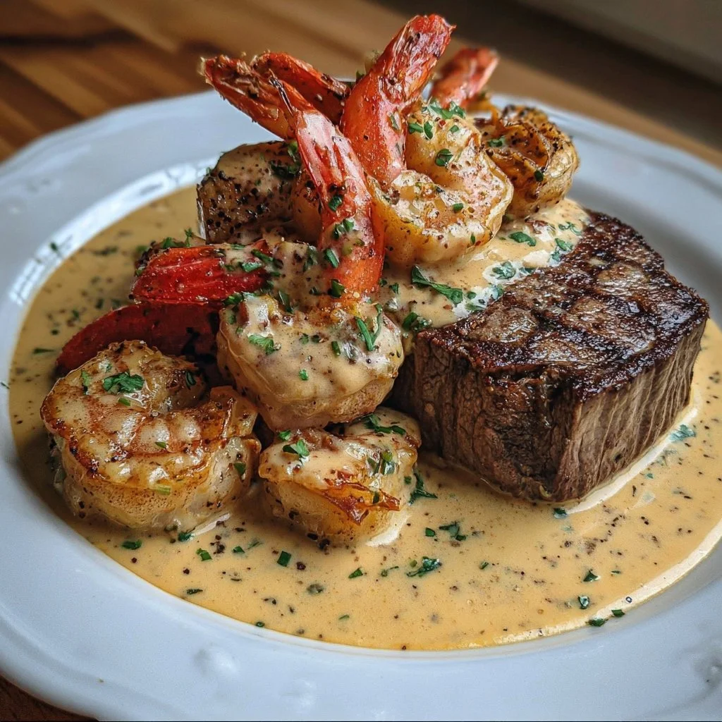 Delicious surf and turf dish with creamy garlic sauce, showcasing beef and seafood.