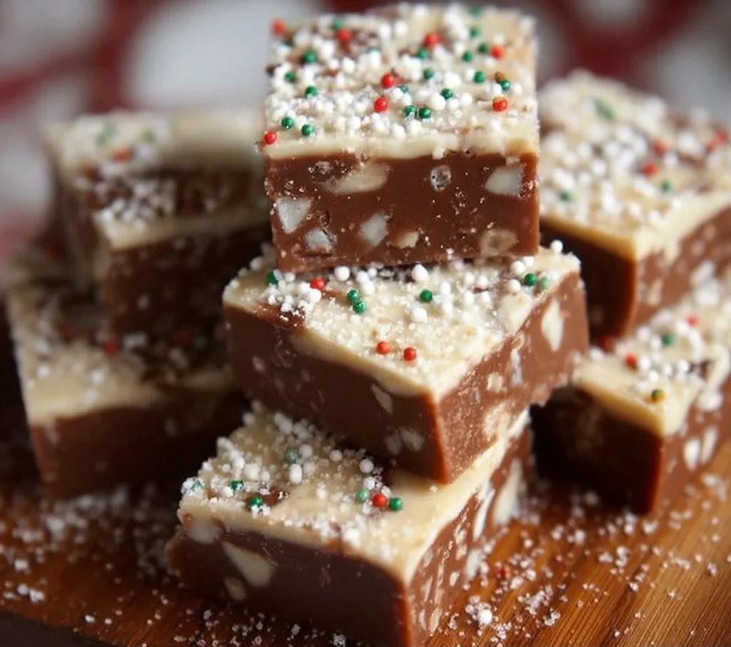 Delicious homemade Christmas fudge recipe displayed on a festive table.