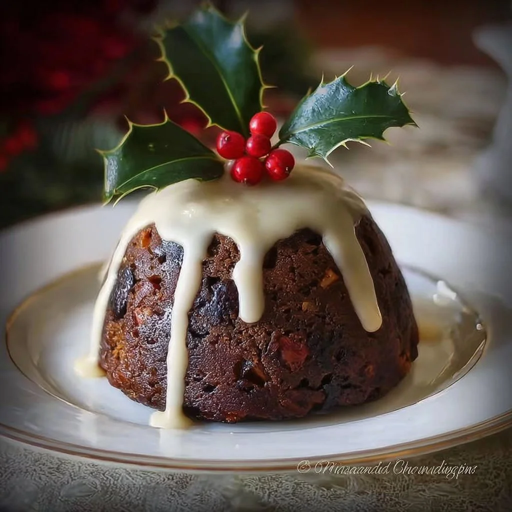 Traditional British Christmas Pudding served on a festive table