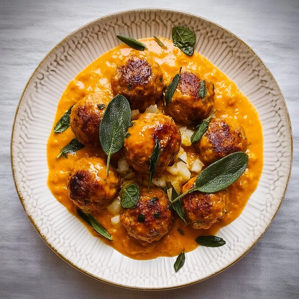 Turkey meatballs served in a creamy pumpkin sage sauce on a plate