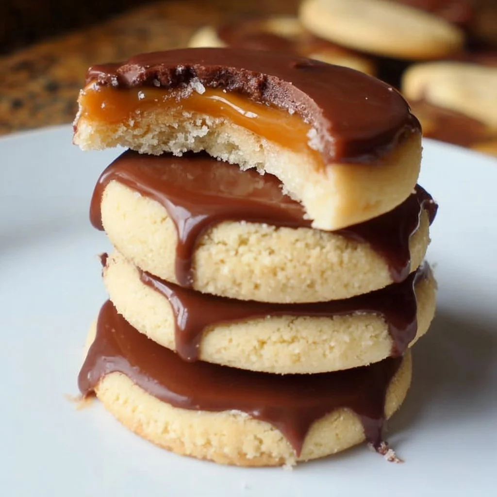 Freshly baked Twix Cookies with chocolate and caramel drizzled on top.