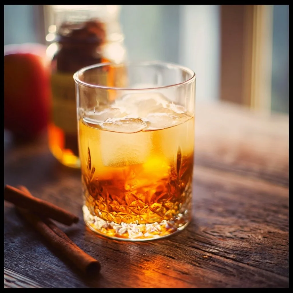 Vanilla Bourbon Cider Cocktail in a glass with a cinnamon stick and apple slice