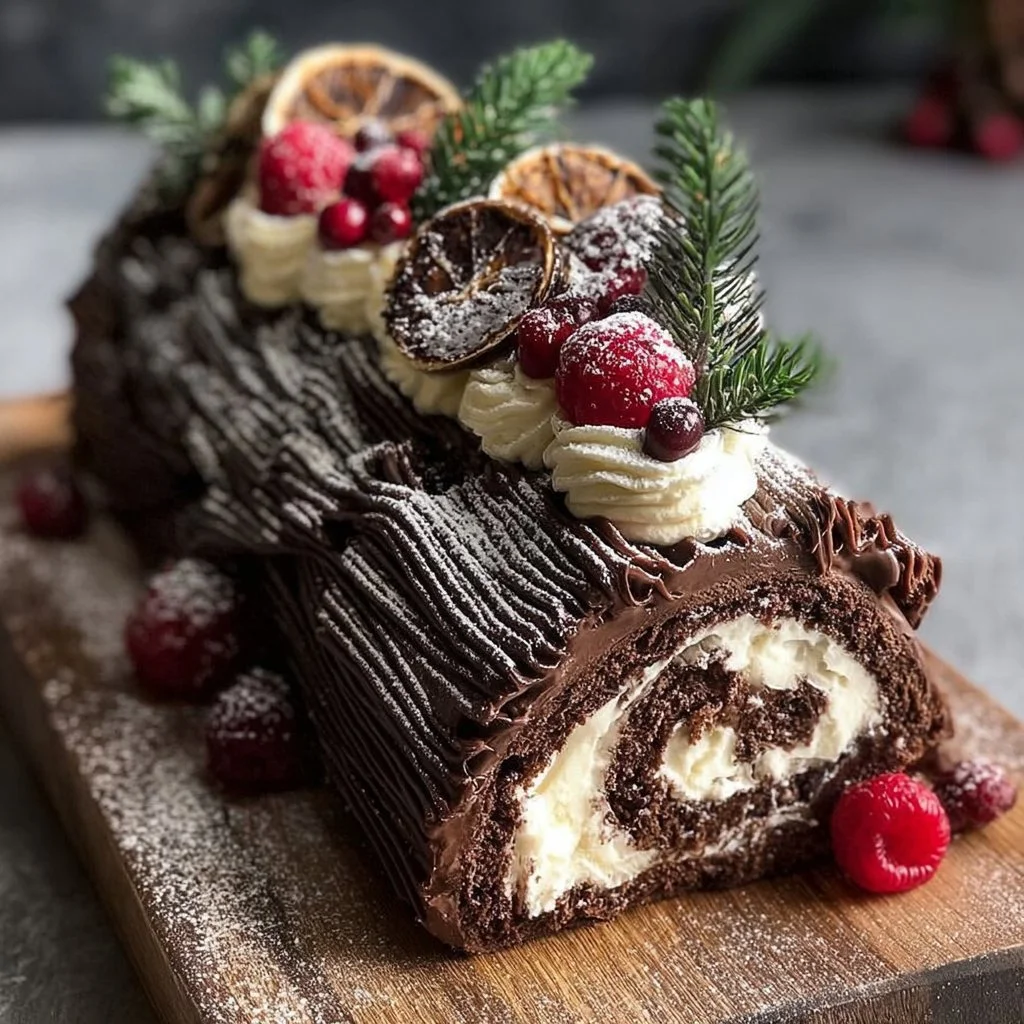 Delicious Yule Log Cake elegantly decorated for the Christmas season