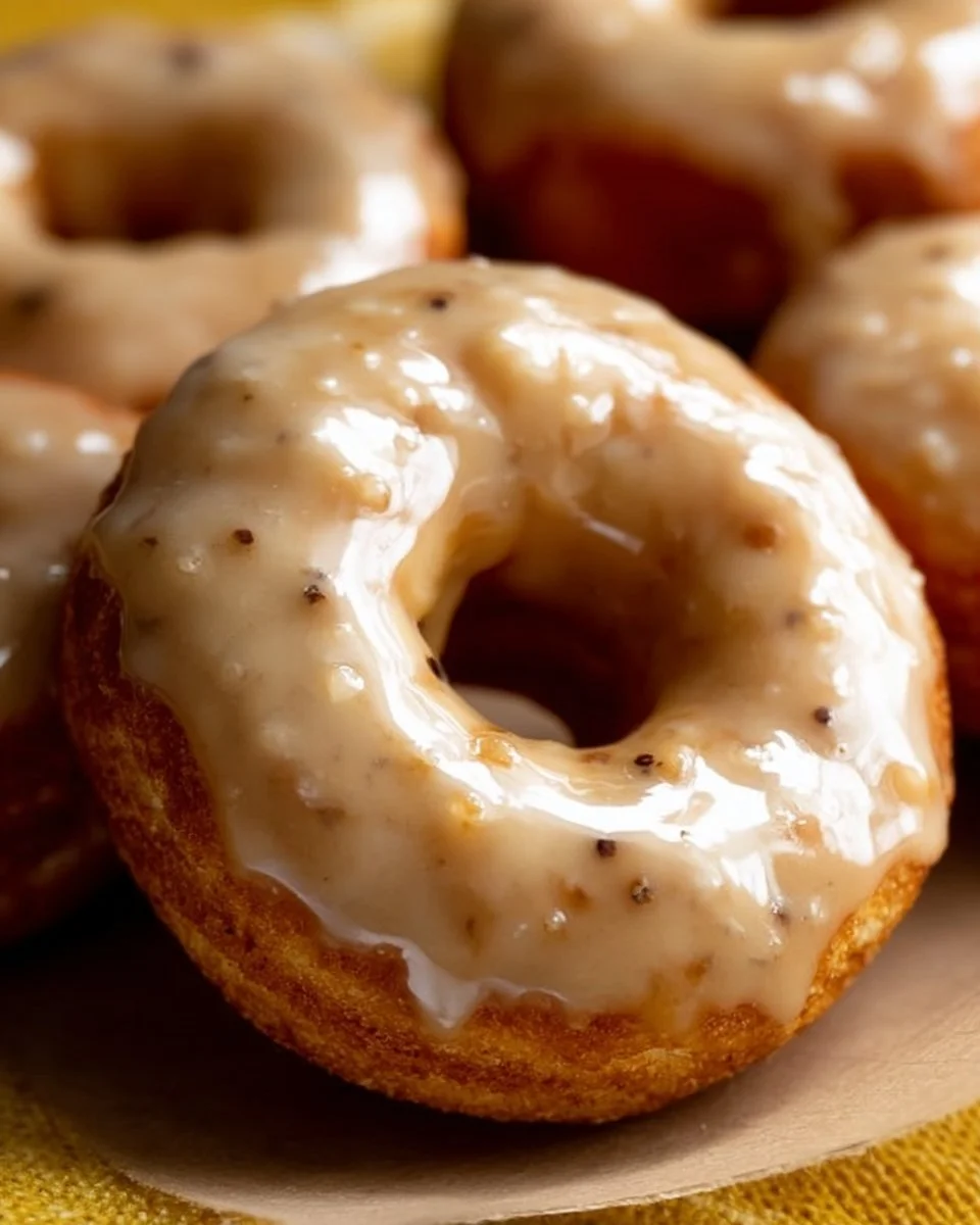 Baked maple glazed donuts topped with sweet maple icing on a plate
