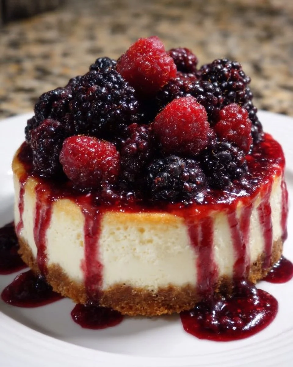 Sliced Blackberry Raspberry Cheesecake Delight topped with fresh berries