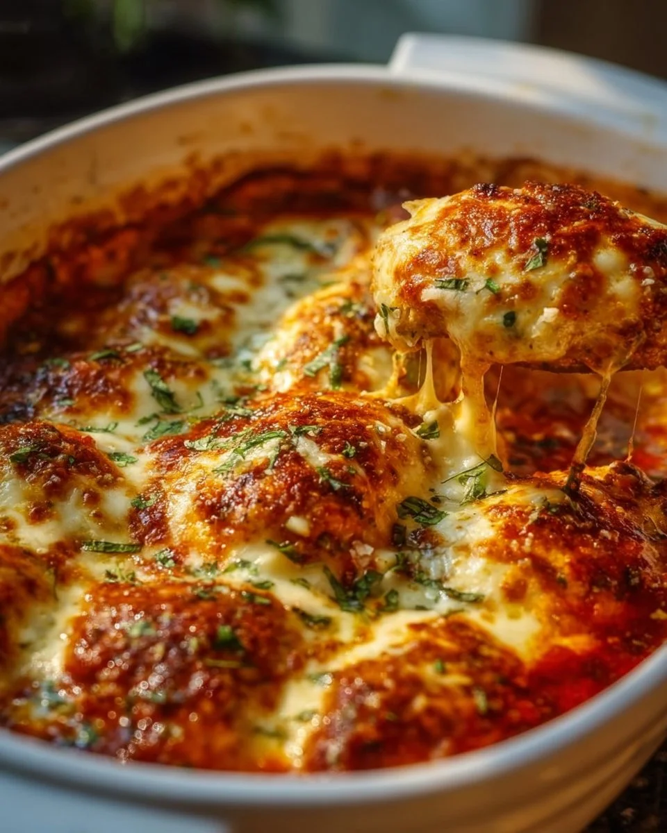 Cheesy Mozzarella Chicken Casserole ready to serve in a baking dish