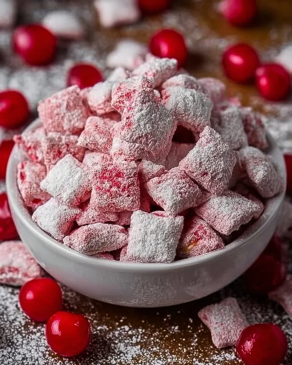 Delicious Cherry Cheesecake Puppy Chow dessert mix with cherry and cheesecake flavors.