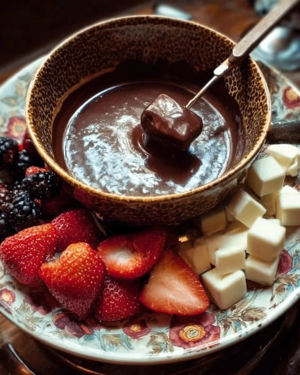 Delicious chocolate fondue served with fresh fruits and pastries
