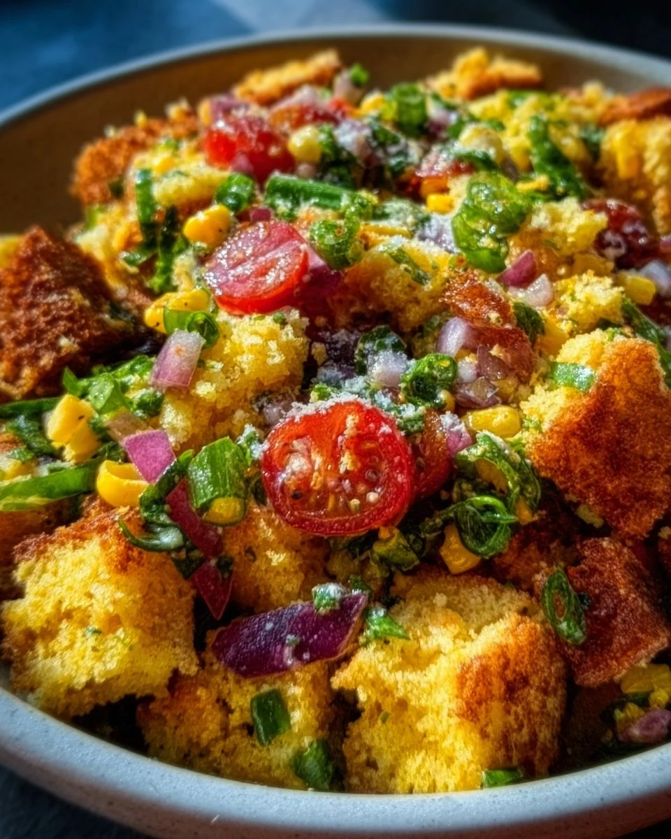 Colorful Cornbread Salad with fresh ingredients and a tangy dressing