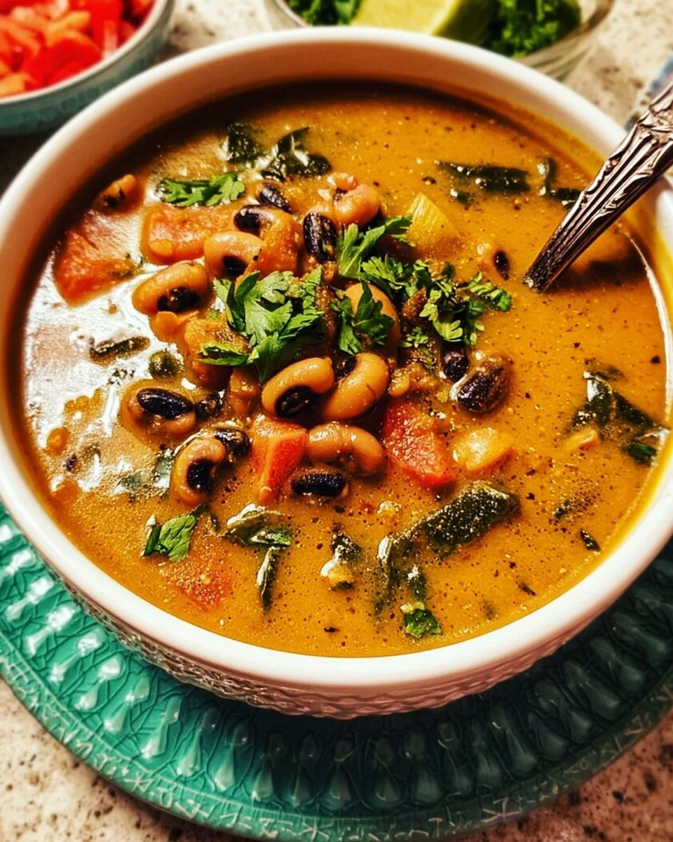 Bowl of creamy curried black eyed pea soup garnished with herbs
