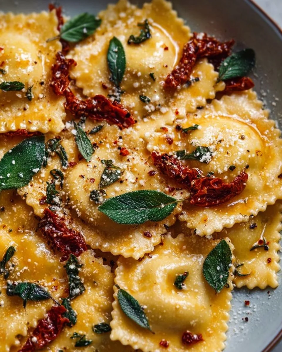 Creamy sun-dried tomato ravioli garnished and ready to serve