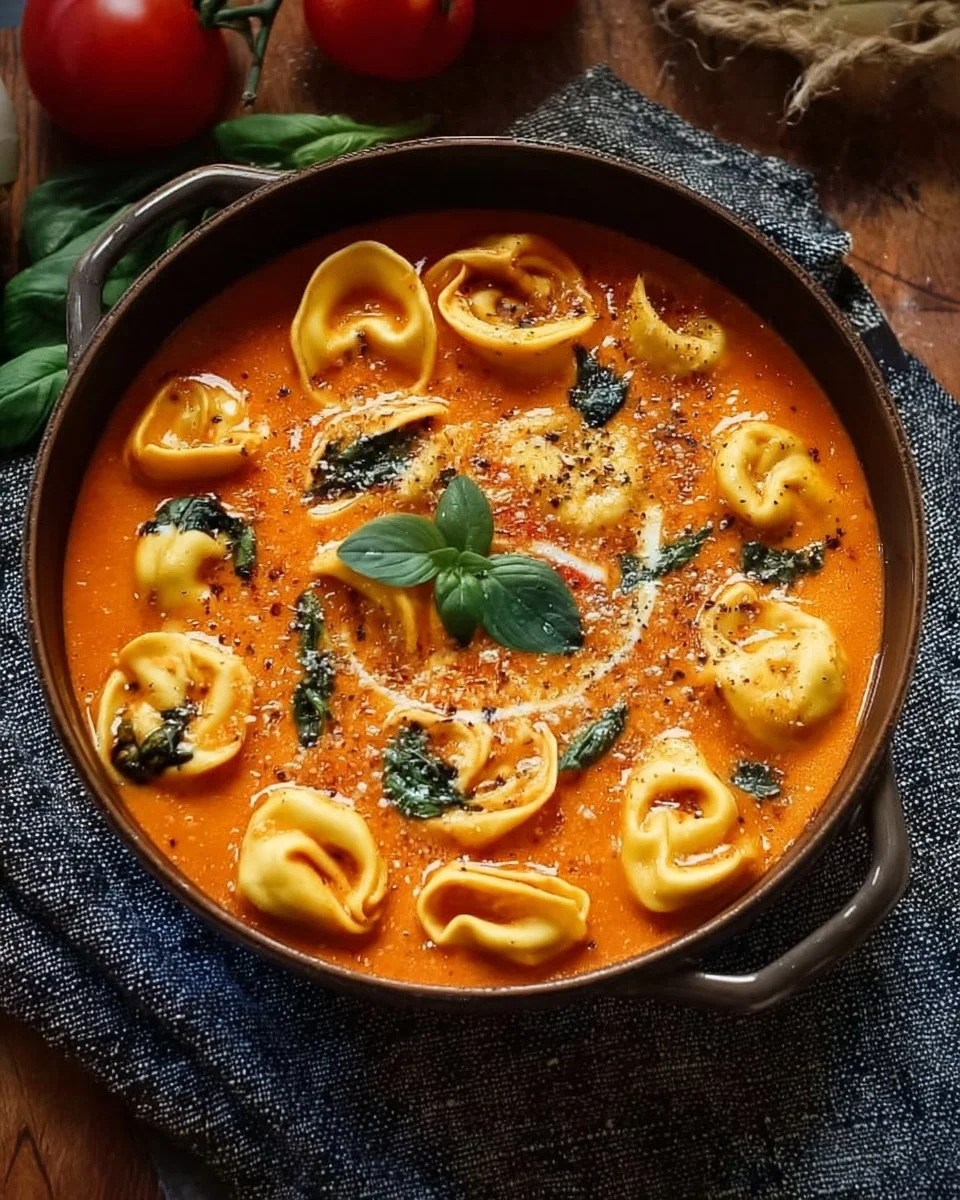 Bowl of creamy tomato tortellini soup garnished with fresh basil