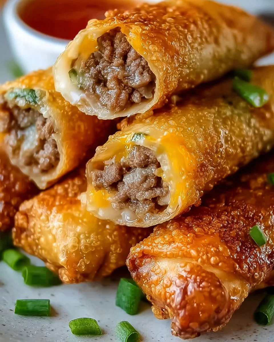 Crispy cheeseburger eggrolls filled with juicy beef and melted cheese