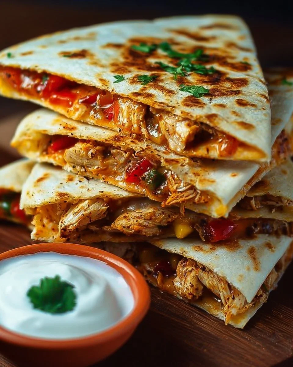 Delicious chicken fajita quesadilla with colorful peppers and melted cheese
