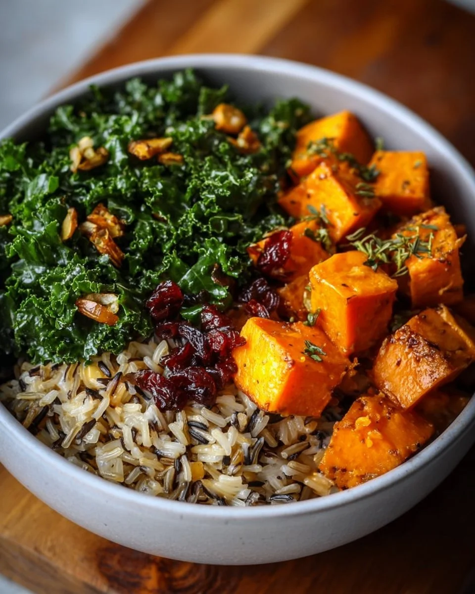 Hearty wild rice bowl with kale and roasted sweet potatoes