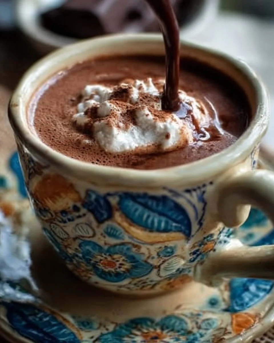 A warm cup of homemade French hot chocolate with whipped cream and chocolate shavings