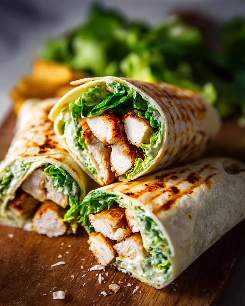 Delicious chicken caesar wraps filled with grilled chicken, romaine, and dressing