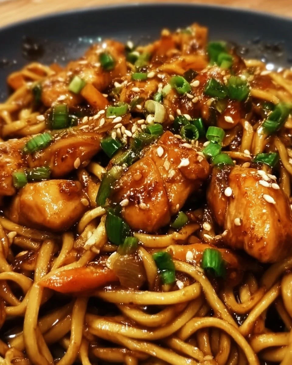 Plate of sticky garlic chicken noodles garnished with fresh herbs.