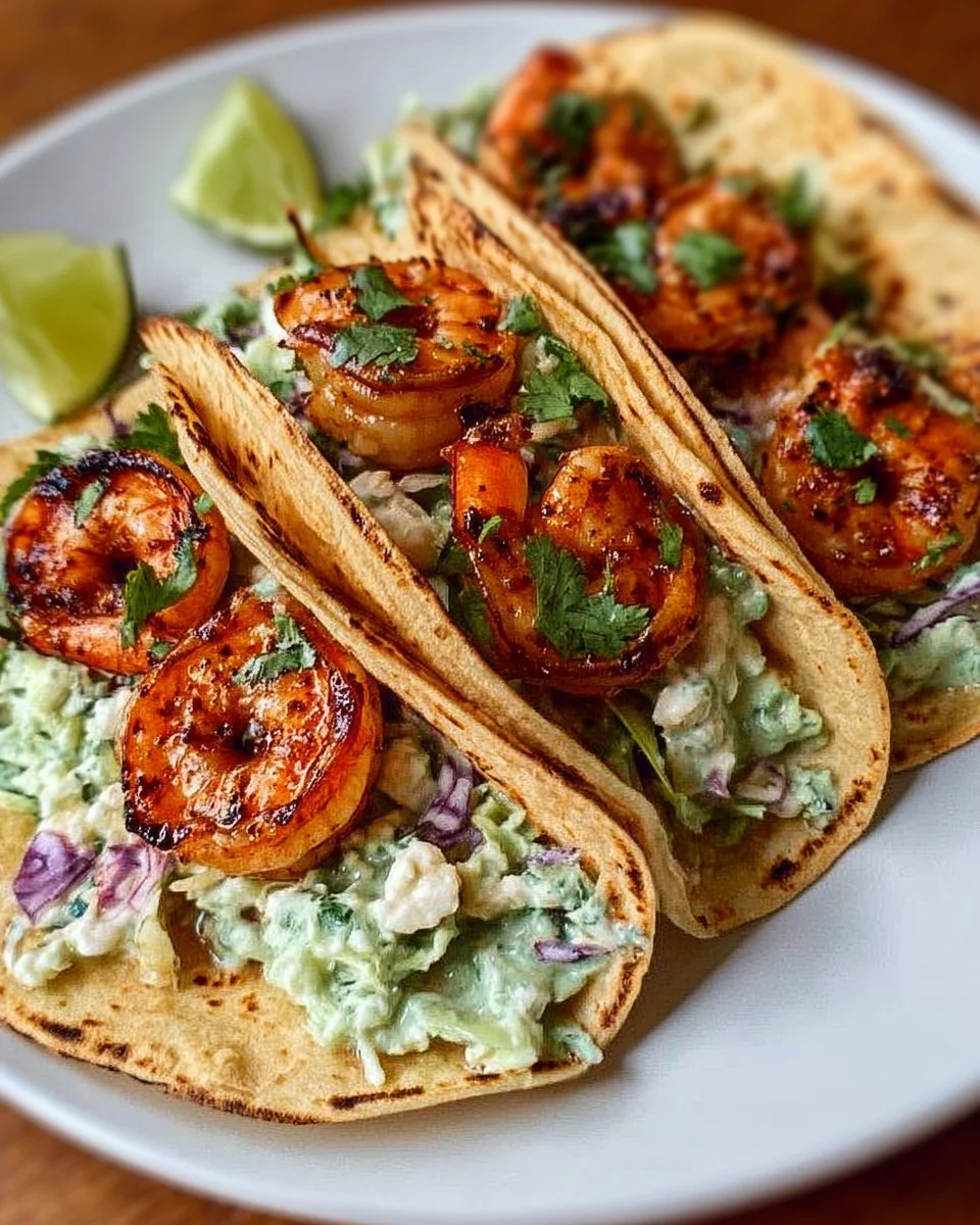 Cilantro lime shrimp tacos with creamy slaw ingredients on a wooden table